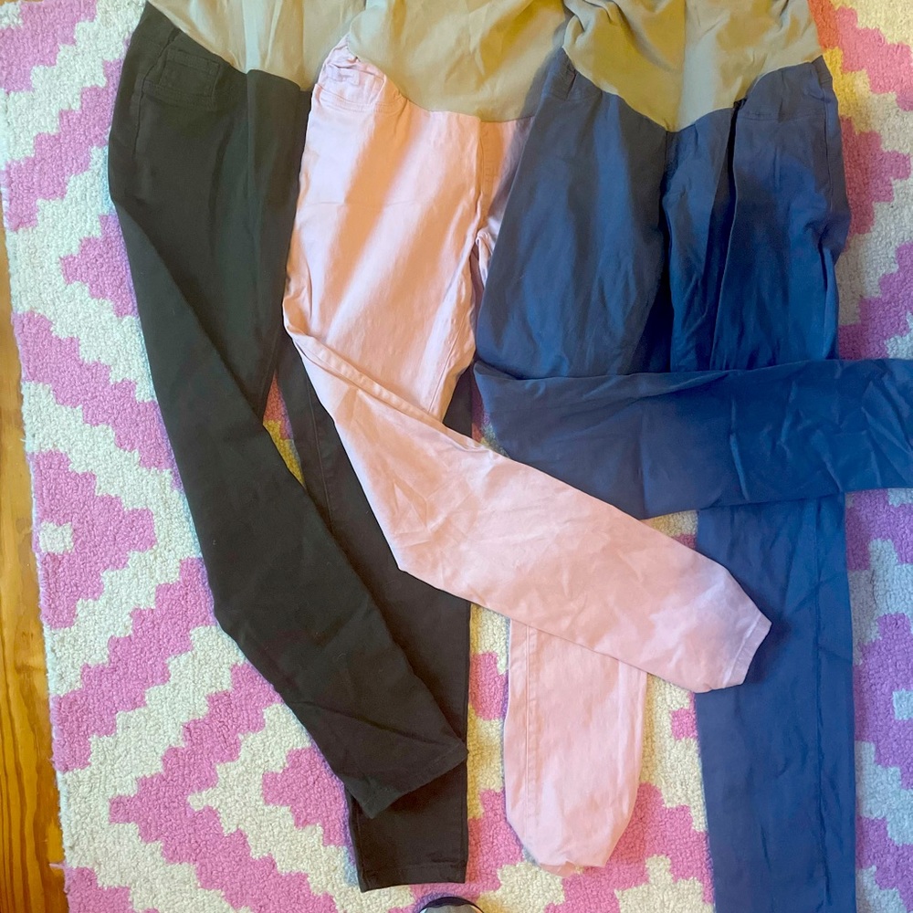 3 pairs of motherhood maternity skinny pants, army green, pink and blue